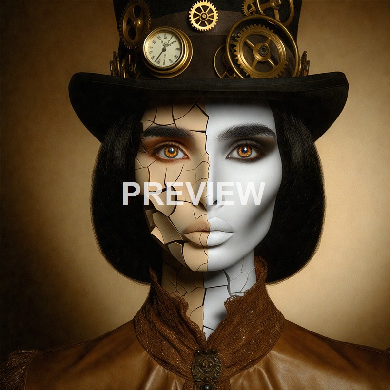 A woman with half of her face appearing cracked and broken like porcelain, while the other half is smooth and pale, wearing a steampunk hat adorned with gears, clocks, and mechanical parts.
